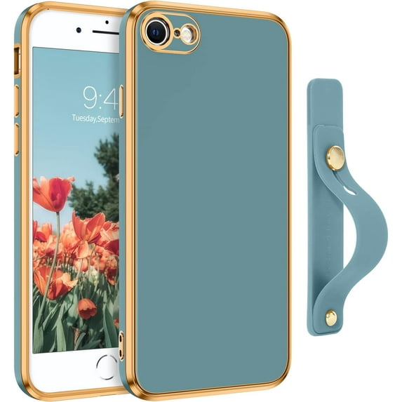 iPhone SE 2022 Case, iPhone SE 2020 Case, iPhone 7 Case, iPhone 8 Case, Slim Flexible Electroplated with Wristband Kickstand Holder Protective Case for iPhone SE 2022/2020/7/8-Grey