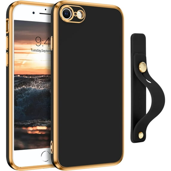 iPhone SE 2022 Case, iPhone SE 2020 Case, iPhone 7 Case, iPhone 8 Case, Slim Flexible Electroplated with Wristband Kickstand Holder Protective Case for iPhone SE 2022/2020/7/8-Black