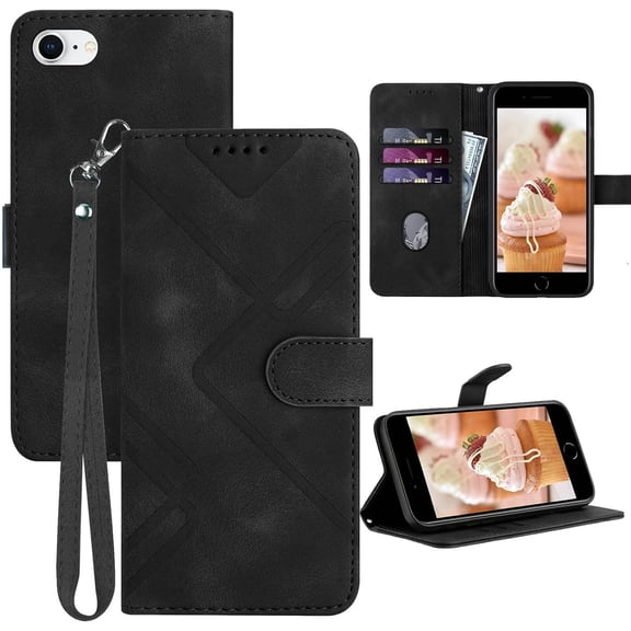 for iPhone SE 2022 Case/iPhone SE Case,iPhone 8/7 Case,6/6S Phone Case Wallet Card Holder,Leather Stand Flip Cases Strap,Magnetic Closure,Shockproof Protective Cover (Black)