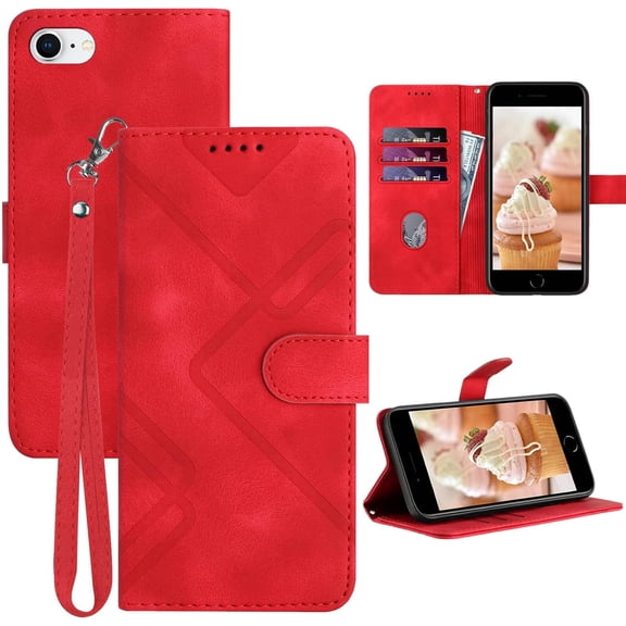 for iPhone SE 2022 Case/iPhone SE Case,iPhone 8/7 Case,6/6S Phone Case Wallet Card Holder,Leather Stand Flip Cases,Wrist Strap Magnetic Closure Protector,Shockproof Protective Cover (Red)