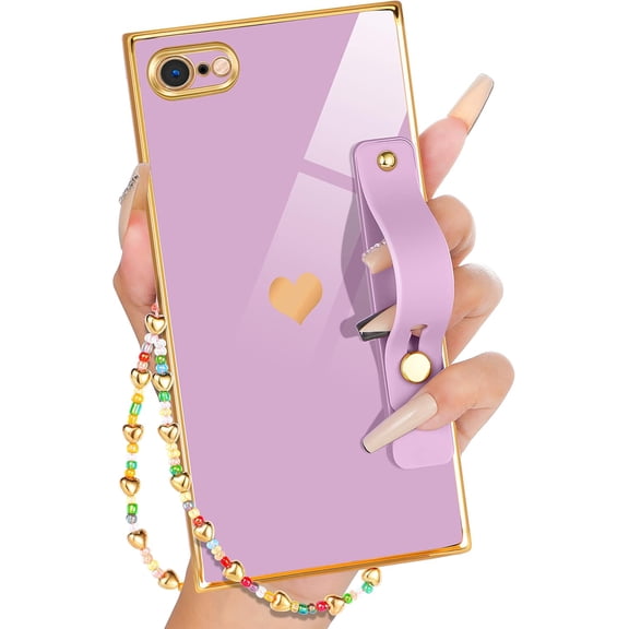 for iPhone SE 2022/ SE 2020/8/7 Case with Loopy Stand/Strap, Luxury Cute Women Girls Heart Electroplated Designer Squared Edge Phone Cases for SE 2022/ SE 2020/8/7, Purple