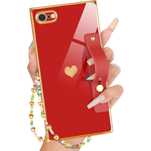 for iPhone SE 2022/ SE 2020/8/7 Case with Loopy Stand/Strap, Luxury Cute Women Girls Heart Electroplated Designer Squared Edge Phone Cases for SE 2022/ SE 2020/8/7, Red