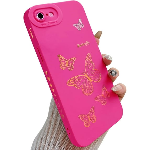 iPhone SE 2022/SE 2020/8/7 Cute Love Heart Butterfly Case, Camera Lens Protection, Soft TPU Shockproof, Rose Red