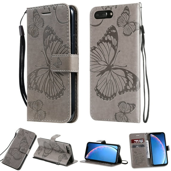 for iPhone SE 2022/ SE 2020/ 8/ 7 Wallet Case, Kickstand Case Credit Card Holder, Embossed Butterfly Pattern with Strap Premium PU Leather Magnetic Closure Shockproof Protective Flip Cover, Gray