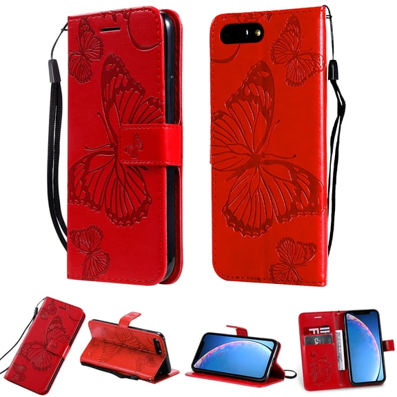 for iPhone SE 2022/ SE 2020/ 8/ 7 Wallet Case, Kickstand Case Credit Card Holder, Embossed Butterfly Pattern with Strap Premium PU Leather Magnetic Closure Shockproof Protective Flip Cover, Red