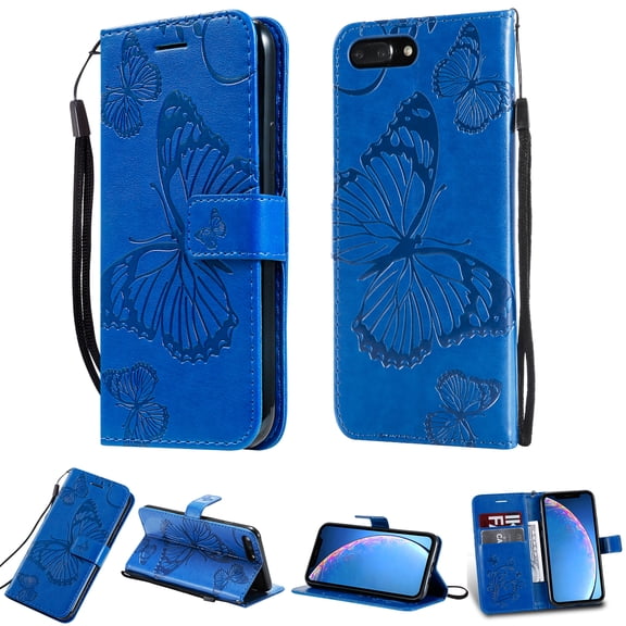 for iPhone SE 2022/ SE 2020/ 8/ 7 Wallet Case, Kickstand Case Credit Card Holder, Embossed Butterfly Pattern with Strap Premium PU Leather Magnetic Closure Shockproof Protective Flip Cover, Blue