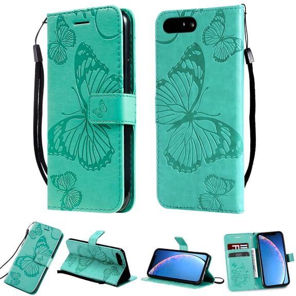 for iPhone SE 2022/ SE 2020/ 8/ 7 Wallet Case, Kickstand Case Credit Card Holder, Embossed Butterfly Pattern with Strap Premium PU Leather Magnetic Closure Shockproof Protective Flip Cover, Green