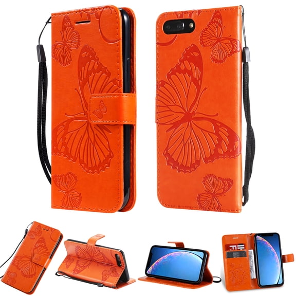 for iPhone SE 2022/ SE 2020/ 8/ 7 Wallet Case, Kickstand Case Credit Card Holder, Embossed Butterfly Pattern with Strap Premium PU Leather Magnetic Closure Shockproof Protective Flip Cover, Orange