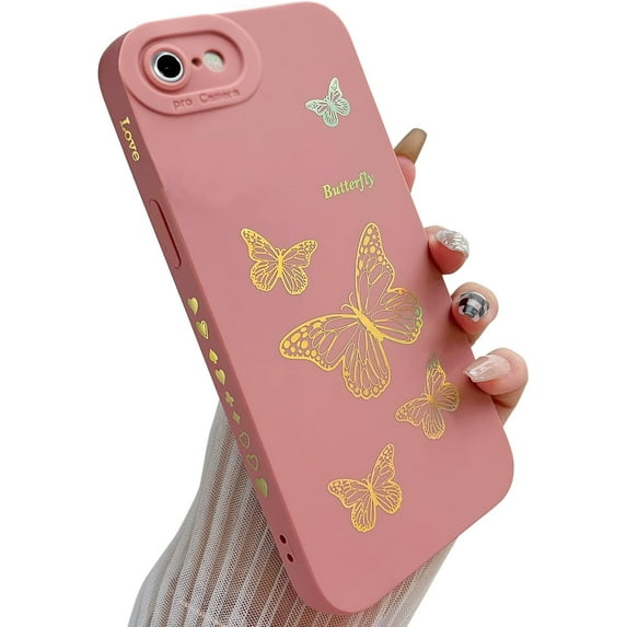 for iPhone SE 2022/SE 2020/iPhone 8/iPhone 7 Case,Side Cute Plated Love Heart Bling Butterfly with Full Camera Lens Cover Protection Soft TPU Shockproof Phone Case for Women Girls Men,Pink