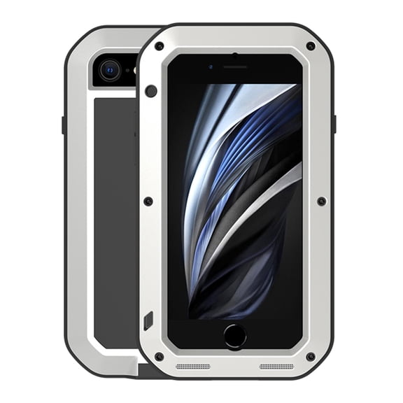 For iPhone SE 2022 / SE 2020 / iPhone 8 / iPhone 7 Heavy Duty Durable Metal Full Body Protective Case Built-in Screen Protection Shockproof Dustproof Rugged Military Grade Defender Cover, Silver