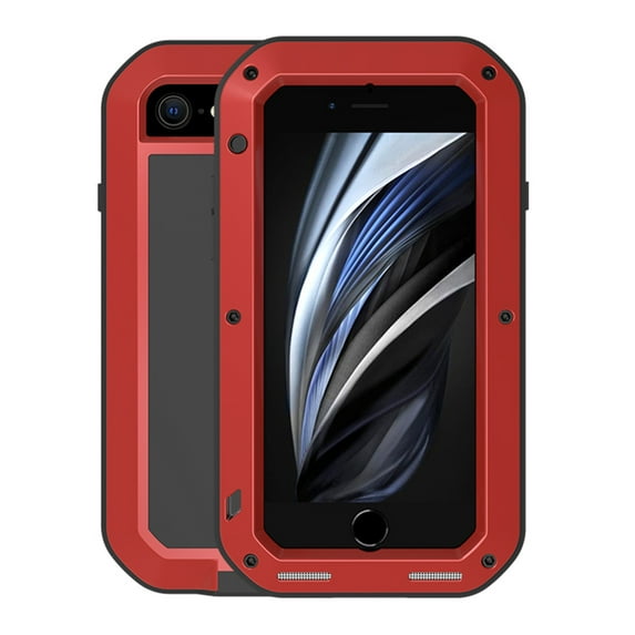 For iPhone SE 2022 / SE 2020 / iPhone 8 / iPhone 7 Heavy Duty Durable Metal Full Body Protective Case Built-in Screen Protection Shockproof Dustproof Rugged Military Grade Defender Cover, Red