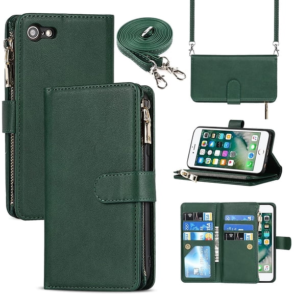 iPhone SE 2022/SE 2020/iPhone 8/iPhone 7 Phone Case Wallet for Women Men with Card Holder,iPhone SE 2022 Crossbody Case with Strap Shoulder Lanyard,Zipper Pocket PU Leather Case,4.7" Dark Green