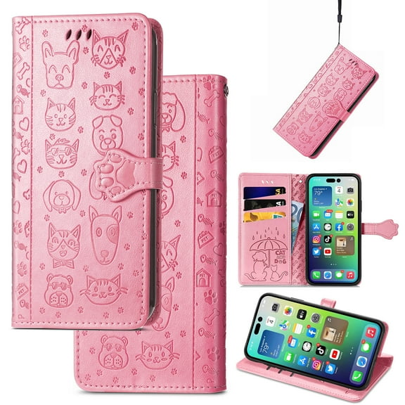 for iPhone 16e Cartoon Cute Wallet Case, Cat Dog Style Flip with ID Card Holder Premium PU Leather Cases with Wrist Strap, Magnetic Closure Folio Kickstand Cover, Pink