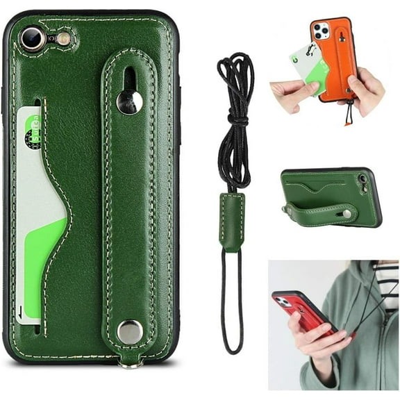 iPhone SE 3rd 2022/SE 2nd 2020,iPhone 7/8 Genuine Leather Wallet Case,Lanyard Necklace Neck Strap with Kickstand Credit Card Holder Wrist Strap Band Phone Protective Back Case 4.7 Inch,Green