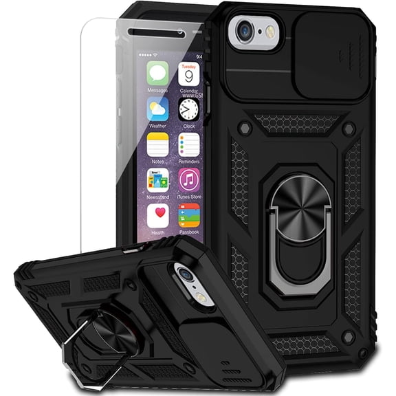 for iPhone SE (3rd and 2nd gen 2022/2020) and iPhone 8/7/6 Case with Camera Lens Cover HD Screen Protector, Military Grade Drop Protection Magnetic Ring Holder Kickstand Protective Phone Case (Black)
