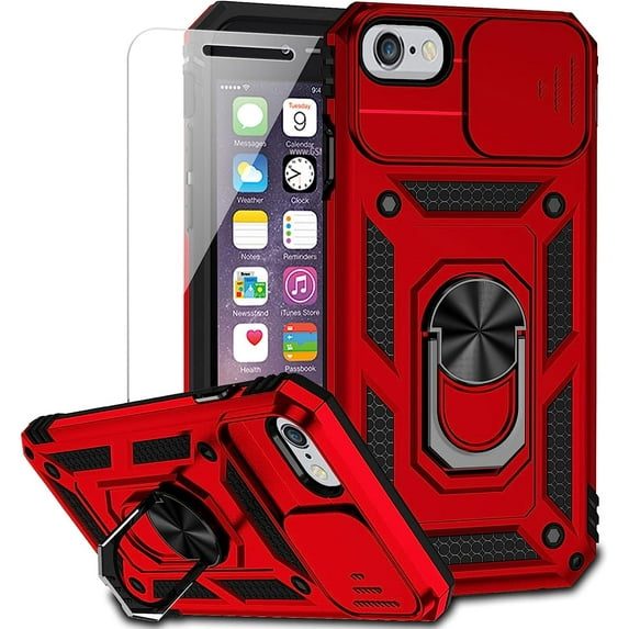for iPhone SE (3rd and 2nd gen 2022/2020) and iPhone 8/7/6 Case with Camera Lens Cover HD Screen Protector, Military Grade Drop Protection Magnetic Ring Holder Kickstand Protective Phone Case (Red)