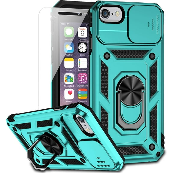 for iPhone SE (3rd and 2nd gen 2022/2020) and iPhone 8/7/6 Case with Camera Lens Cover HD Screen Protector, Military Grade Drop Protection Magnetic Ring Holder Kickstand Protective Phone Case (Mint)