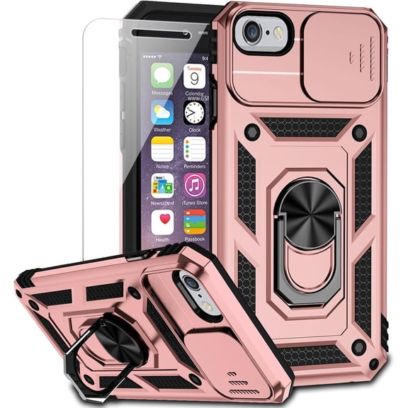 for iPhone SE (3rd and 2nd gen 2022/2020) and iPhone 8/7/6 Case with Camera Lens Cover Screen Protector, Grade Drop Protection Ring Holder Kickstand Protective Phone Case (Rose Gold)