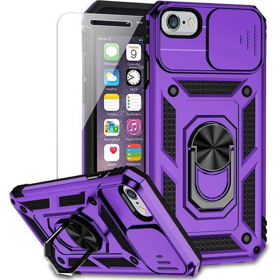 for iPhone SE (3rd and 2nd gen 2022/2020) and iPhone 8/7/6 Case, Military Grade Drop Protection Magnetic Ring Holder Kickstand Protective Phone Case (Purple)