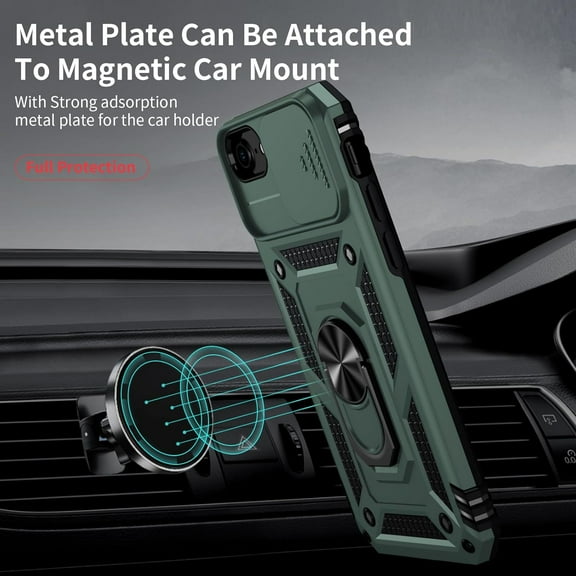 for iPhone SE (3rd and 2nd gen 2022/2020), iPhone 8/7/6 Case with Slide Camera Cover, HD Screen Protector, Magnetic Ring Holder Kickstand Phone Case,Pine Green
