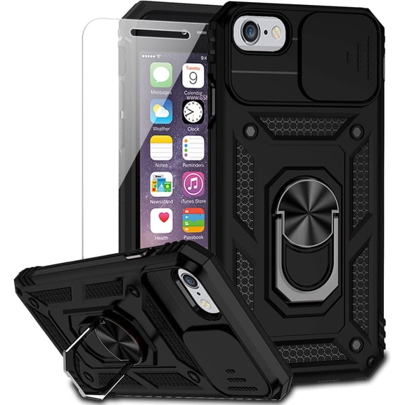 for iPhone SE (3rd and 2nd gen) 2022 and iPhone 8/7/6 Case with Camera Lens Cover HD Screen Protector, Military Grade Drop Protection Magnetic Ring Holder Kickstand Protective Phone Case (Black)
