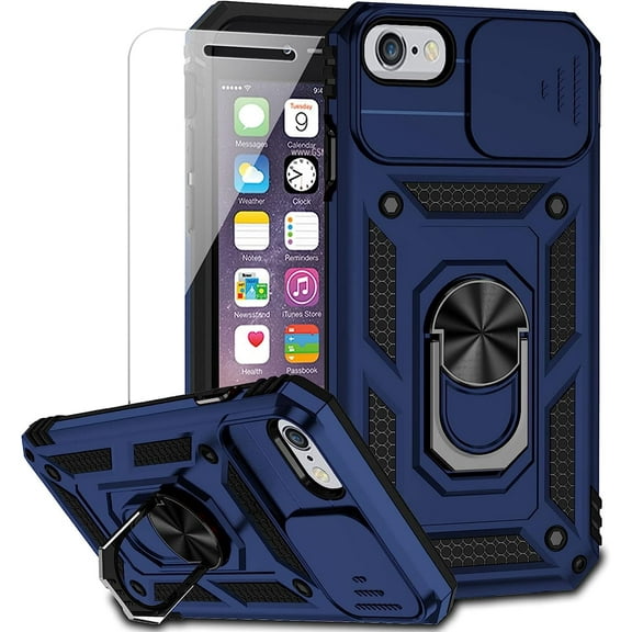for iPhone SE (3rd and 2nd gen) 2022 and iPhone 8/7/6 Case with Camera Lens Cover HD Screen Protector, Military Grade Drop Protection Magnetic Ring Holder Kickstand Protective Phone Case (Navy Blue)