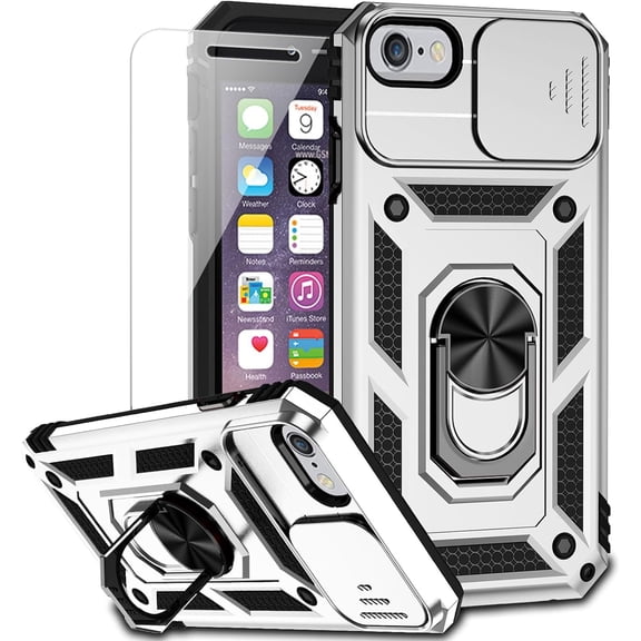 for iPhone SE (3rd and 2nd gen) 2022 and iPhone 8/7/6 Case with Camera Lens Cover HD Screen Protector, Military Grade Drop Protection Magnetic Ring Holder Kickstand Protective Phone Case (Silver)