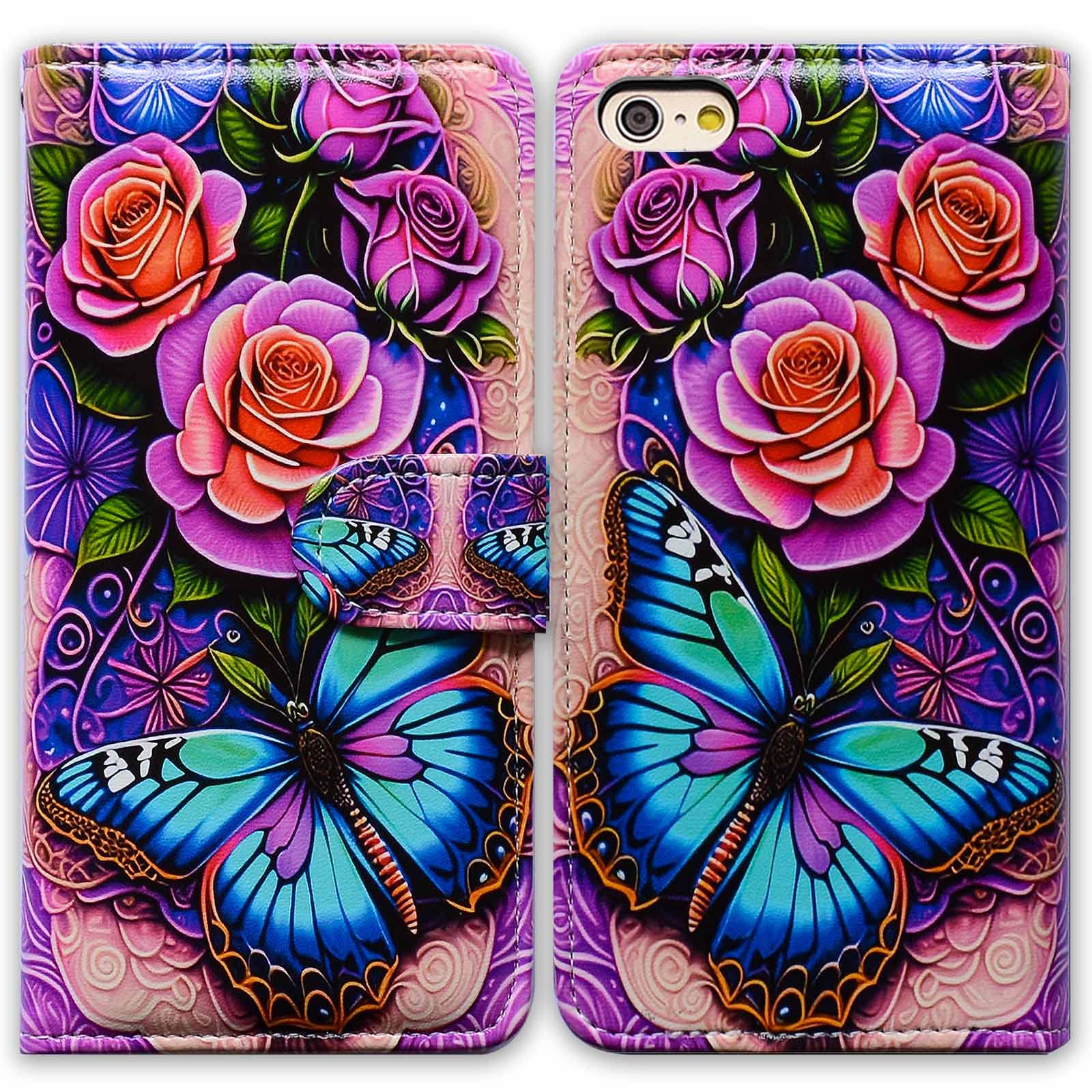 iPhone SE 3rd Gen 2022 Case,Blue Butterfly Flowers Rose Leather Flip