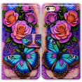 iPhone SE 3rd Gen 2022 Case,Blue Butterfly Flowers Rose Leather Flip