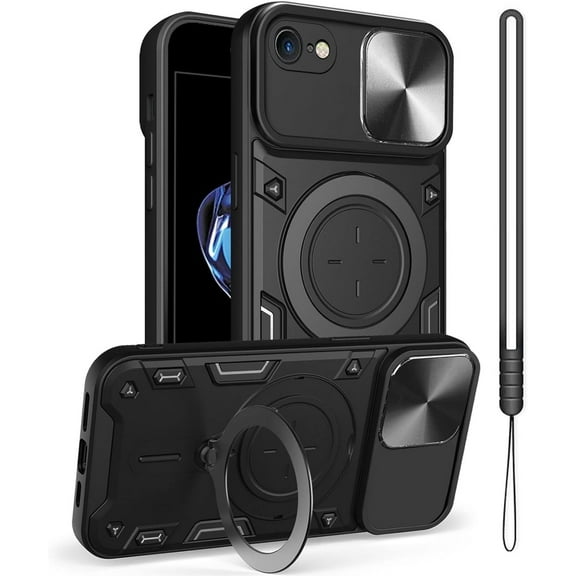 for iPhone SE Case 2020 2022/iPhone 8 Case/iPhone 7 Phone Case,Metal Stand Ring Holder,Lens Protector,Slim Bumper Full Protection Shockproof Hard Cover for Women Men (Black)
