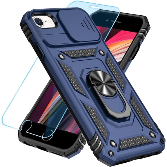for iPhone SE Case 2022/2020/3rd/2rd / iPhone 6/7/8 Case with HD Screen Protector & Slide Camera Cover & Kickstand, [Military-Grade] Phone Case for iPhone SE 2020/SE 2022/6/7/8 (Blue)
