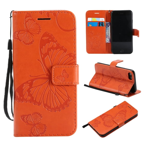 iPhone SE Case 2022/2020, iPhone 7/ 8 Wallet case, Allytech Pretty Retro Embossed Butterfly Flower Design PU Leather Book Style Wallet Flip Case Cover for Apple iPhone SE 2022/2020 - Orange