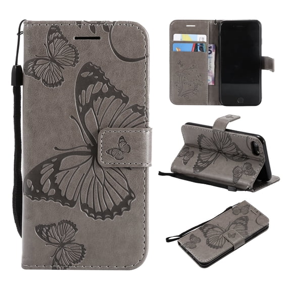 iPhone SE Case 2022/2020, iPhone 7/ 8 Wallet case, Allytech Pretty Retro Embossed Butterfly Flower Design PU Leather Book Style Wallet Flip Case Cover for Apple iPhone SE 2022/2020 - Gray