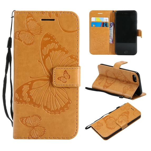 iPhone SE Case 2022/2020, iPhone 7/ 8 Wallet case, Allytech Pretty Retro Embossed Butterfly Flower Design PU Leather Book Style Wallet Flip Case Cover for Apple iPhone SE 2022/2020 - Yellow