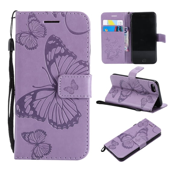 iPhone SE Case 2022/2020, iPhone 7/ 8 Wallet case,  Pretty Retro Embossed Butterfly Flower Design PU Leather Book Style Wallet Flip Case Cover for Apple iPhone SE 2022/2020 - Purple