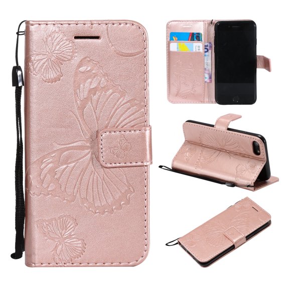iPhone SE Case 2022/2020, iPhone 7/ 8 Wallet case,  Pretty Retro Embossed Butterfly Flower Design PU Leather Book Style Wallet Flip Case Cover for Apple iPhone SE 2022/2020 - Rosegold