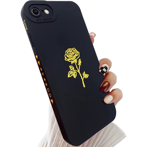 for iPhone SE Case 2022/2020,iPhone 8 Case,iPhone 7 Case 4.7",Cute Plated Rose Gold Flower with Anti-Fall Lens Cover Shell,Soft TPU Shockproof Phone Protection Cases for Women Girls Men,Black