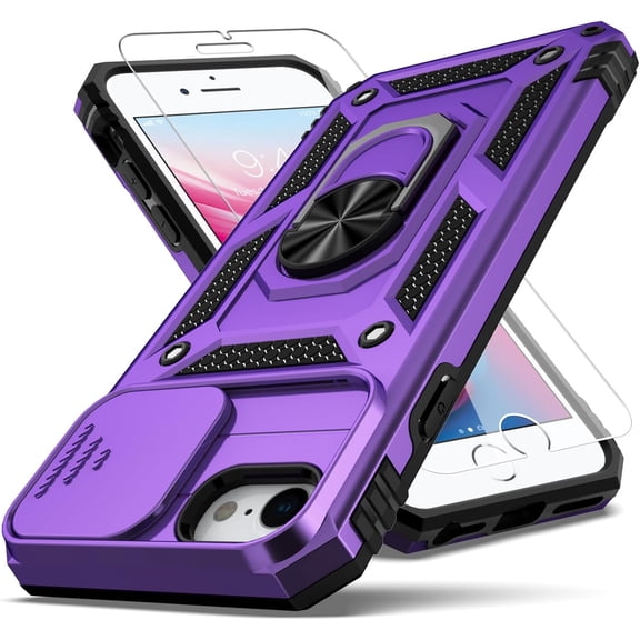 for iPhone SE Case 2022/3rd/2020/2nd gen/8/7, with Camera Lens Cover HD Screen Protector,[Military Grade] Car Mount Kickstand Shockproof Protective Case for iPhone 8, Purple