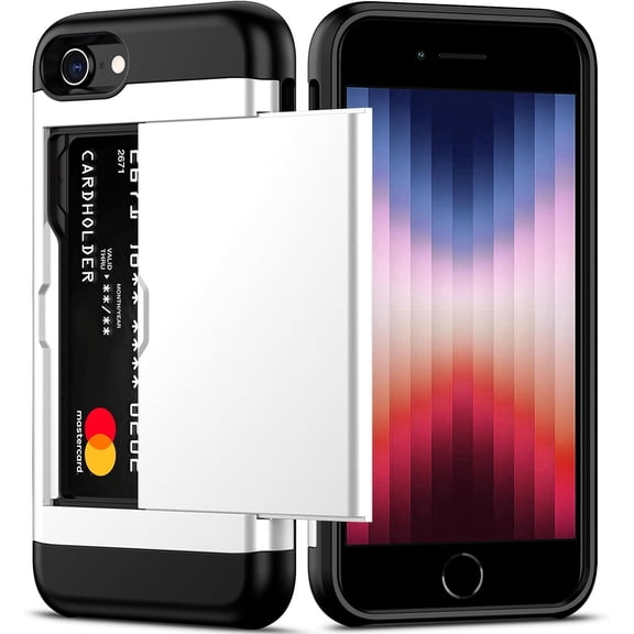 iPhone SE Case 2022/iPhone SE 2020/7/8 Case with Card Holder Heavy Duty Protective Dual Layer Shockproof Hidden Card Slot Slim Wallet Case for iPhone SE 3rd/2nd/7/8-4.7''(White)