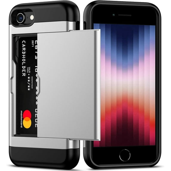 iPhone SE Case 2022/iPhone SE 2020/7/8 Case with Card Holder Heavy Duty Protective Dual Layer Shockproof Hidden Card Slot Slim Wallet Case for iPhone SE 3rd/2nd/7/8-4.7''(Silver)