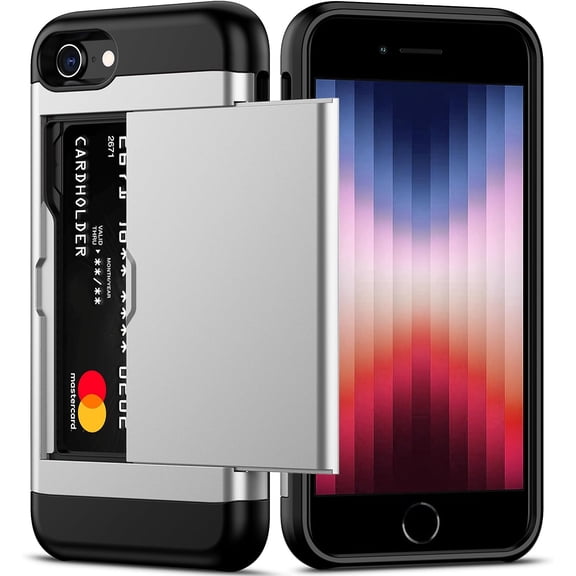 iPhone SE Case 2022/iPhone SE 2020/7/8 Case with Card Holder Heavy Duty Protective Dual Layer Shockproof Hidden Card Slot Slim Wallet Case for iPhone SE 3rd/2nd/7/8-4.7''(Silver)