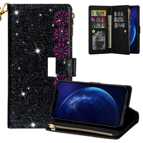 iPhone SE Case (2nd Generation, 2020), iPhone 8 Case, iPhone 7 Case, Allytech Bling PU Leather Shockproof Kickstand Cards Slots Kickstand Wallet Cover for Apple iPhon SE 2, iPhone 8/ iPhone 7,Black