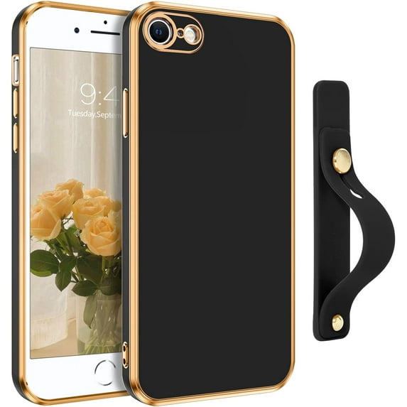 iPhone SE Case,iPhone SE Phone Case,iPhone 7/8 Case,Slim Soft TPU with Adjustable Wristband Kickstand Scratch Resistant Shockproof Protective Cover for Apple iPhone SE 2/3 4.7", Black Golden