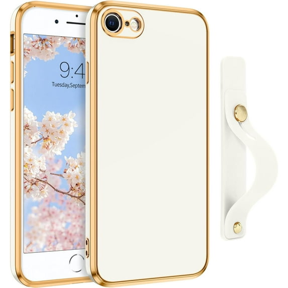 iPhone SE Case,iPhone SE Phone Case,iPhone 7/8 Case,Slim Soft TPU with Adjustable Wristband Kickstand Scratch Resistant Shockproof Protective Cover for Apple iPhone SE 2/3 4.7", White Goden