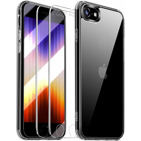 for iPhone SE case 2022/3rd/2020/2nd gen, iPhone 7/8 phone casewith 2 Screen ProtectorFull camera protection [Non-Yellowing] Slim Shockproof Bumper CoverAnti-Scratch Clear Back (Clear)