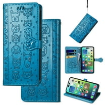 for iPhone SE4 2024 Case Wallet,Magnetic Closure PU Leather Cute Embossed with Wrist Strap, RFID Blocking Card Slots Pocket Flip Kickstand Protective Phone Case Cover,Blue