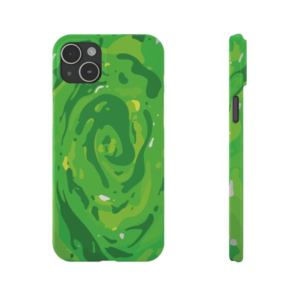 iPhone Slim Case - Rick Morty Cartoon Inspired Portal Design Green Network - iPhone 15 Plus