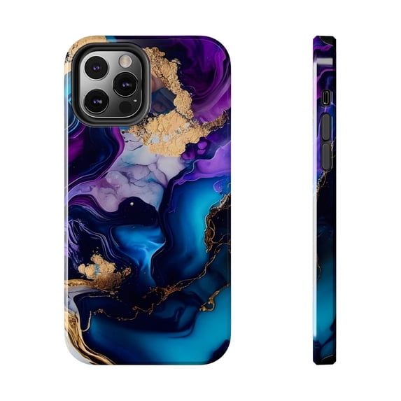 iPhone Tough Case - Purple Blue Gold White Marble Abstract Waves Elegant