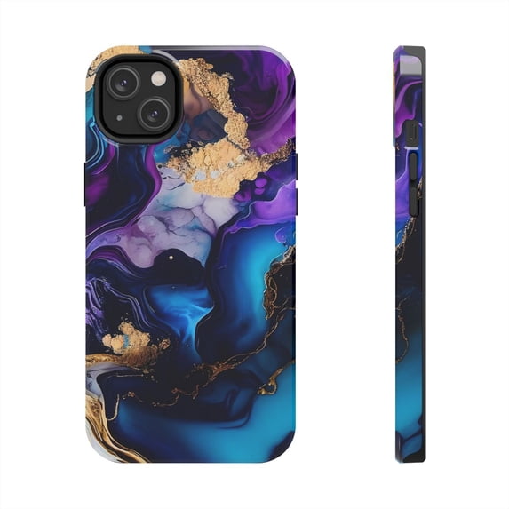 iPhone Tough Case - Purple Blue Gold White Marble Abstract Waves Elegant