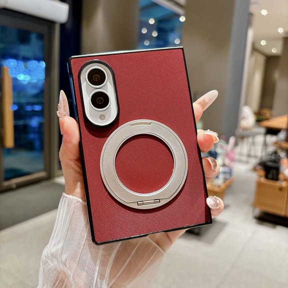 For iPhone Ultra Foldable Phone Case with Ring Kickstand, Textured Hard PC Protective Cover, MagSafe Wireless Charging Compatible, Raised Camera Edge, Shockproof Anti-Scratch Design,Winered